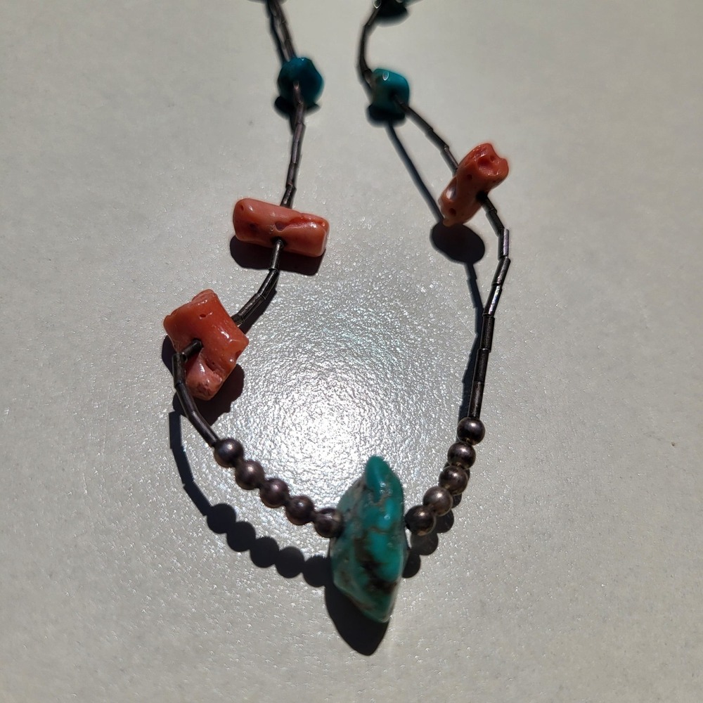Vintage Liquid Sterling Silver Necklace Turquoise Coral Multi Strand Southwest